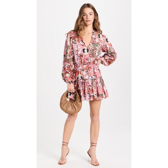 MISA LORENA BATIK PRINT COTTON BLEND MINI DRESS RUCHED WAIST RUFFLE TRIM SZ SM - Picture 4 of 10